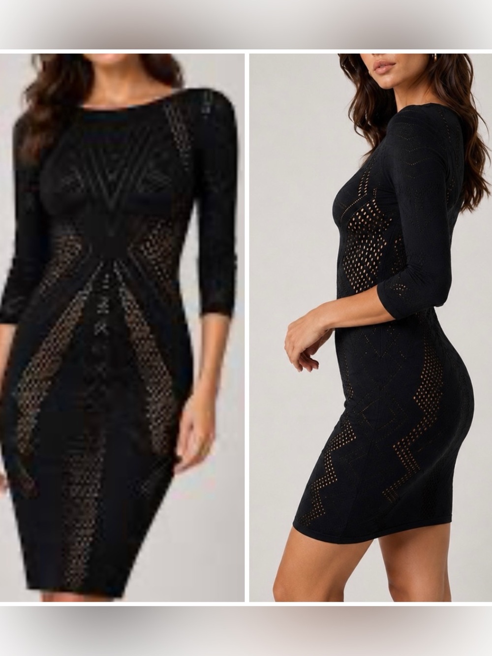Black, Calvin Klein 3/4-sleeve bodycon dress, geometric laser-cutout mesh detail